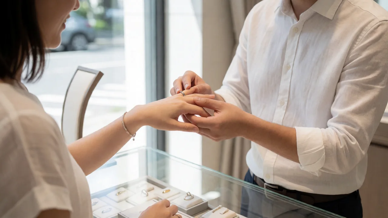 結婚指輪を試着するカップル